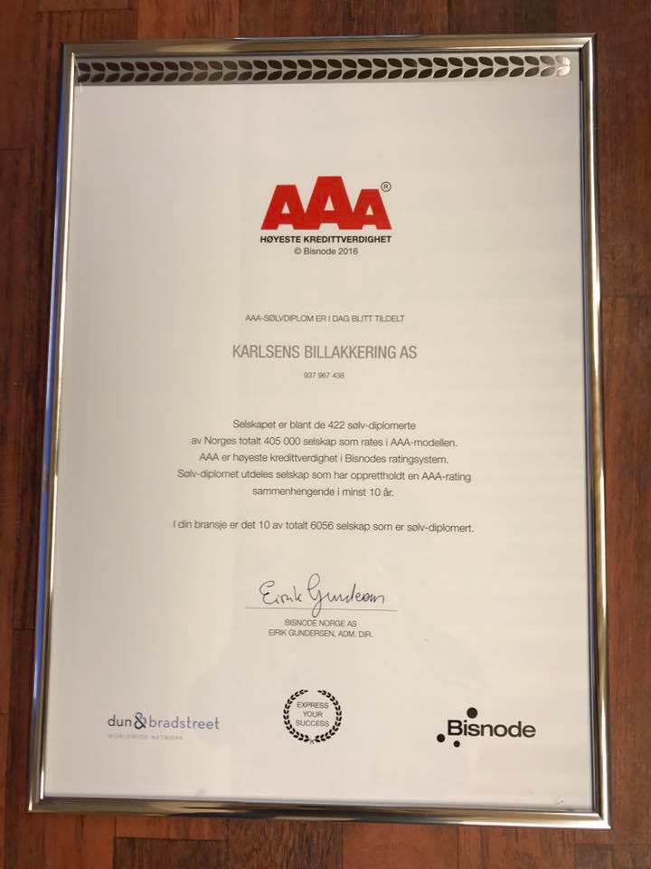 AAA-sølvdiplom for høyeste kredittverdighet, utstedt til Karlsens Billakkering AS